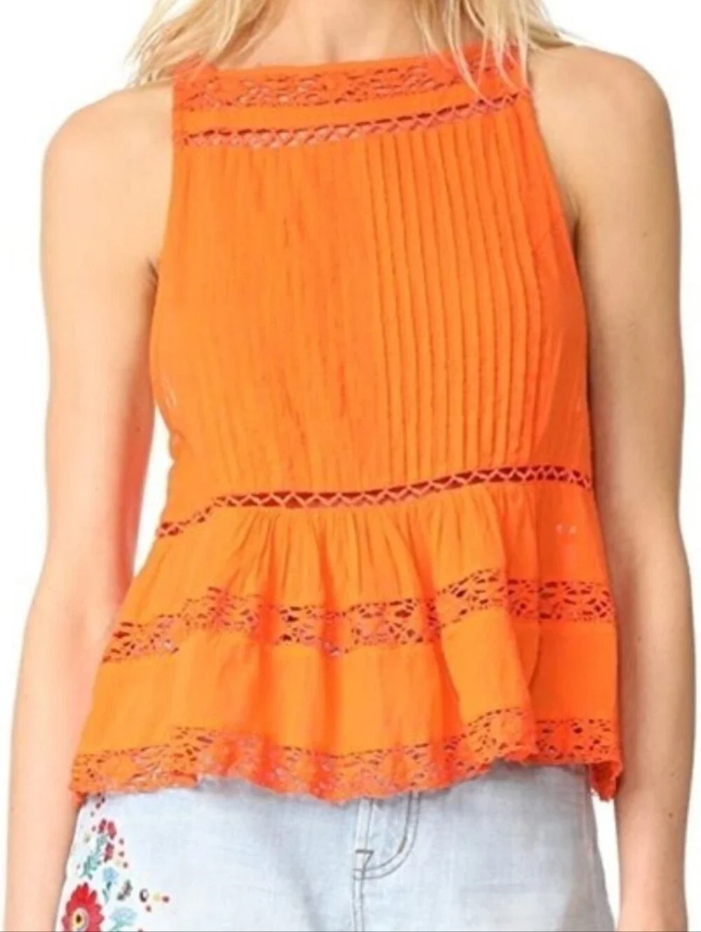 Free People Firecracker Orange Crush Lace-Trim Peplum Tank Medium